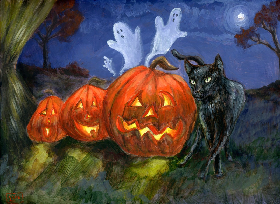 Black Cat Halloween Art Print - Spooky Pumpkin & Ghost Painting ...