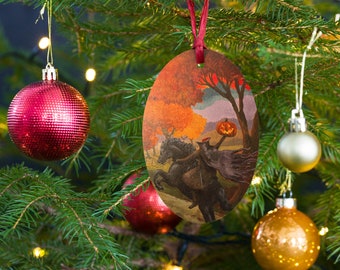 Headless Horseman Hinoki Wood Ornament: Gothic Halloween Christmas Decor