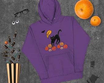Unisex Halloween Boo Black Cat Jack O Lantern Hoodie / Halloween Hoodie, Vintage Halloween, Retro Halloween, Spooky Hoodie