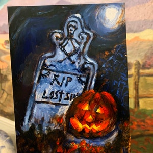 Halloween Cemetery Print: Jack O&#39; Lantern Tombstone Art (5x7 Inch