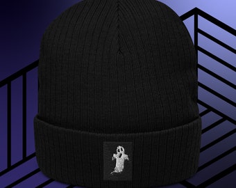Ribbed knit beanie / Embroidered Halloween Ghost Beanie Winter Hat Spooky