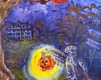 Halloween Owl Haunted House 8x10 Inch Halloween Art Print