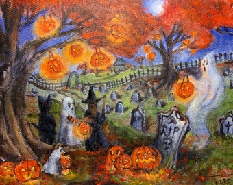 Spookachtige Jack O Lantern Glow Trick or Treat 8 x 10 inch Halloween-kunstprint