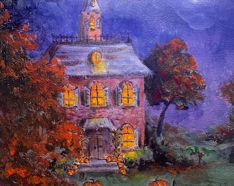 Haunted House Halloween Art Print: Trick or Treaters, New England Fall Decor