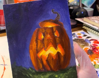 All Hallows’ Eve Original 5x7 Inch Halloween Jack O Lantern Oil Painting