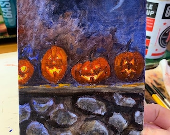 Pumpkin Ledge Original 5x7 Inch Halloween Jack O Lantern Oil Painting