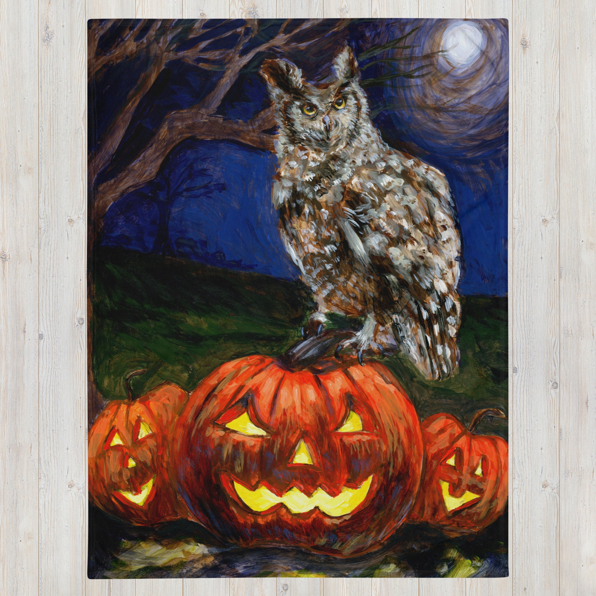 Halloween Owl Throw Blanket: Jack O' Lantern Moon, Spooky Home Decor