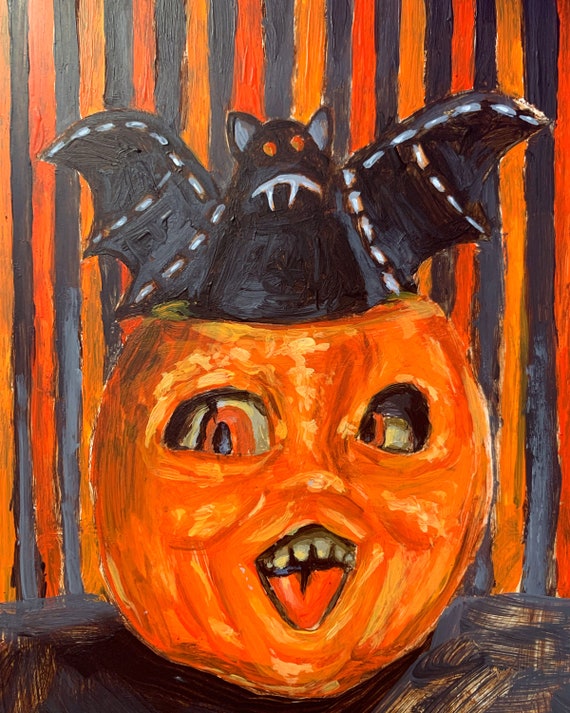 Vintage Halloween Print: Jack-o'-lantern & Bat Spooky Wall Art - Etsy