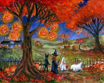 May include: A painting of a Halloween scene with a witch, a ghost, and a black cat trick-or-treating. The witch is wearing a black hat and dress, and the ghost is wearing a white sheet. The black cat is carrying a pumpkin. The scene is set in a forest with red and orange leaves. There are jack-o-lanterns hanging from the trees.