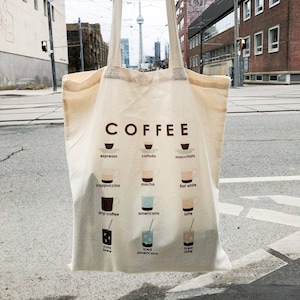 Tote Bag - Coffee Menu Tote Bag, 15" x 16" Long Handle Tote Bag, lightweight canvas tote, market bag, canvas tote bag