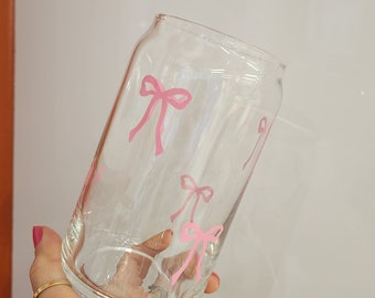 Hot Pink Bow Cup, Beer Can Glass, Iced Coffee Cup, 16 oz Glass