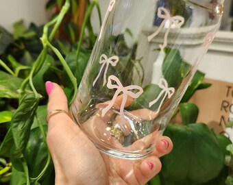 Light Pink Bow Cup, Beer Can Glass, Iced Coffee Cup, 16 oz Glass