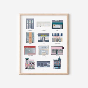 May include: A digital illustration of 12 storefront facades in a grid layout. The storefronts are drawn in a cartoon style and feature various colours and designs. The names of the stores are listed below each storefront, including "Subculture", "La Pulperia", "Rudy's", "Salad King", "Dragon Shop", "Oyster Boy", "Blondies", "Pizza Pizza", "Croydon Dogs", and "Niro".