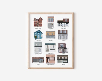 Puede incluir: Un póster imprimible con ilustraciones de 12 edificios de tiendas diferentes. Cada edificio está etiquetado con un nombre, como "Phum Selby", "Emily Bad" y "Dương Grind".
