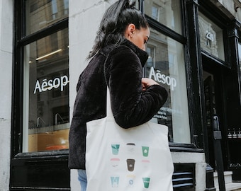 Tote Bag - Montreal Coffee Shops Tote Bag, 15" x 16" Long Handle Tote Bag, lightweight canvas tote, market bag, canvas tote bag