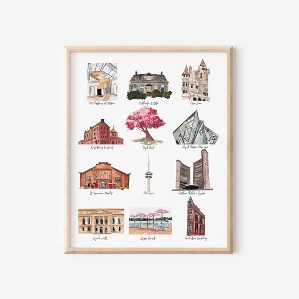 Toronto Landmarks Print | Toronto Tourist Attractions | Iconic Toronto Spots | Toronto Print | Toronto Wall Art | Toronto Watercolour Art