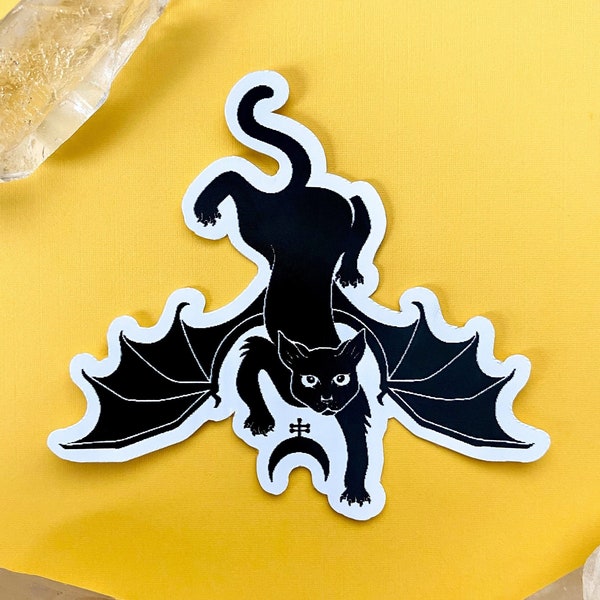 Cat with Bat Wings Wiccan Moon Die Cut Sticker