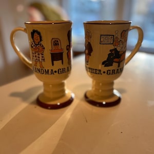 Vintage Grandma and Grandpa Pedestal Mugs with Images; Made in Japan; Grandmother and Grandfather; Gram and Gramps; Tall Ceramic Mugs