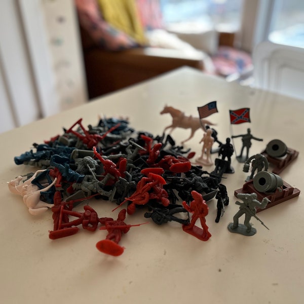 Lot of Vintage Civil War Soldiers; Includes Horses, Flags, Cannons; Blue, Red, Grey Plastic Figurines; Military Figures