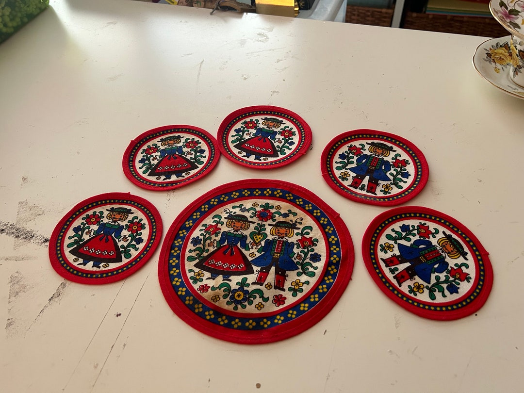 Vintage Dutch Hand Sewn Boy & Girl Fabric Coasters/placemat Fabric