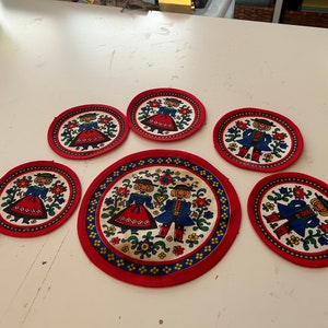 Vintage Dutch Hand Sewn Boy & Girl Fabric Coasters/Placemat; Fabric Patches; Red; Set of 5 Small and 1 Large; 1970&#39;s Handmade Accents
