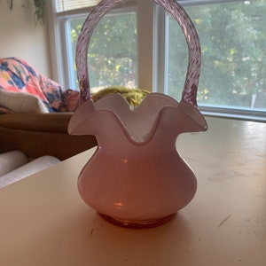 Vintage Fenton Pink Glass Ruffled Small Basket with Pink Twist Handle; Paper Bag Style
