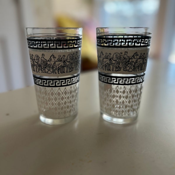 1960s Jeanette Glass Co. Patrician Blue Grecian Chariot and Greek Key Bar Tumblers; Set of 2; Vintage Barware