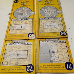 Vintage Pneu Michelin Maps; Carte Michelin; Limoges, Bordeaux, Chateauroux; 1950's Michelin Maps