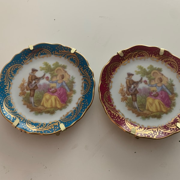 Vintage Limoges Castel France Mini Plates with Hanging/Stands; Gold Accents; Pink or Blue