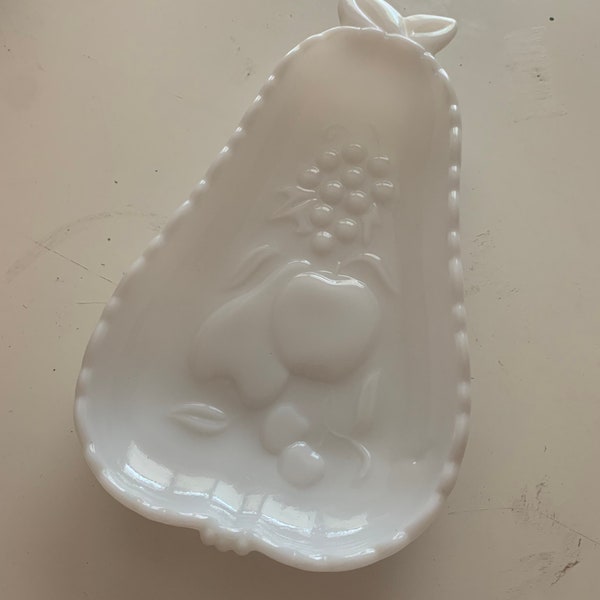 Vintage Milk Glass Fruit and Flower Pattern Dish from Hazel Atlas; Pear Shaped; Midwest Glass