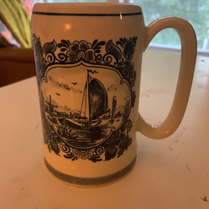 1970&#39;s Vintage Delft&#39;s Blue Made in Holland Heavy Ceramic Mug; Windmill and Sailboat Images