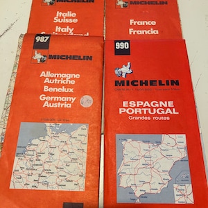 Vintage Michelin Maps; Carte Michelin; Spain/Portugal, Germany/Austria, France, Italy/Switzerland; 1970s Michelin Maps; European Country Map