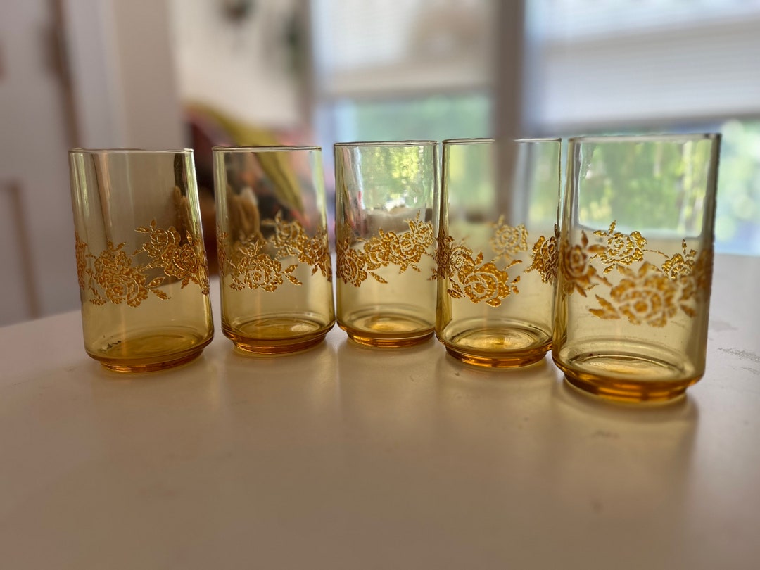 Vintage Amber Libbey Raised Embossed Rose Drinking Glasses; Set of Five
