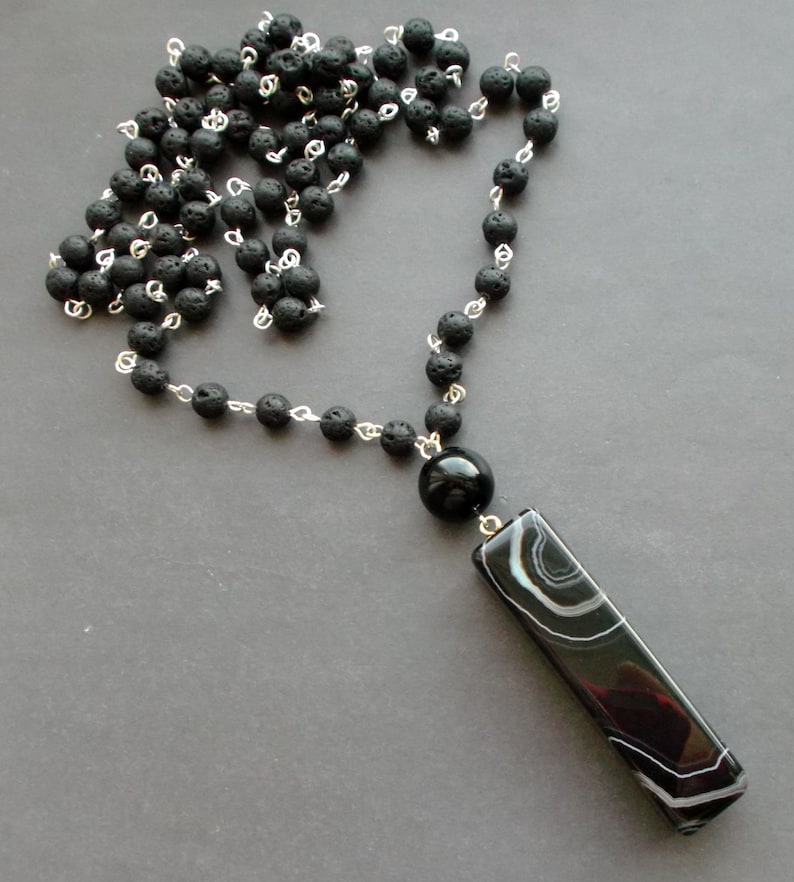 necklace from lava with a pendant agate man/'s pendant gift for Men For Father For guys Black Long stone necklace for men for women agate