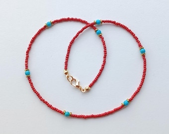 seed bead necklace coral color with turquoise, minimalist style layered beaded choker jewelry for every day gift for her