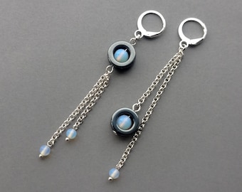mismatched earrings hematite opalite, dangle long earrings earrings gift for her for women