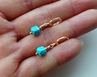 turquoise cubes small gold earrings