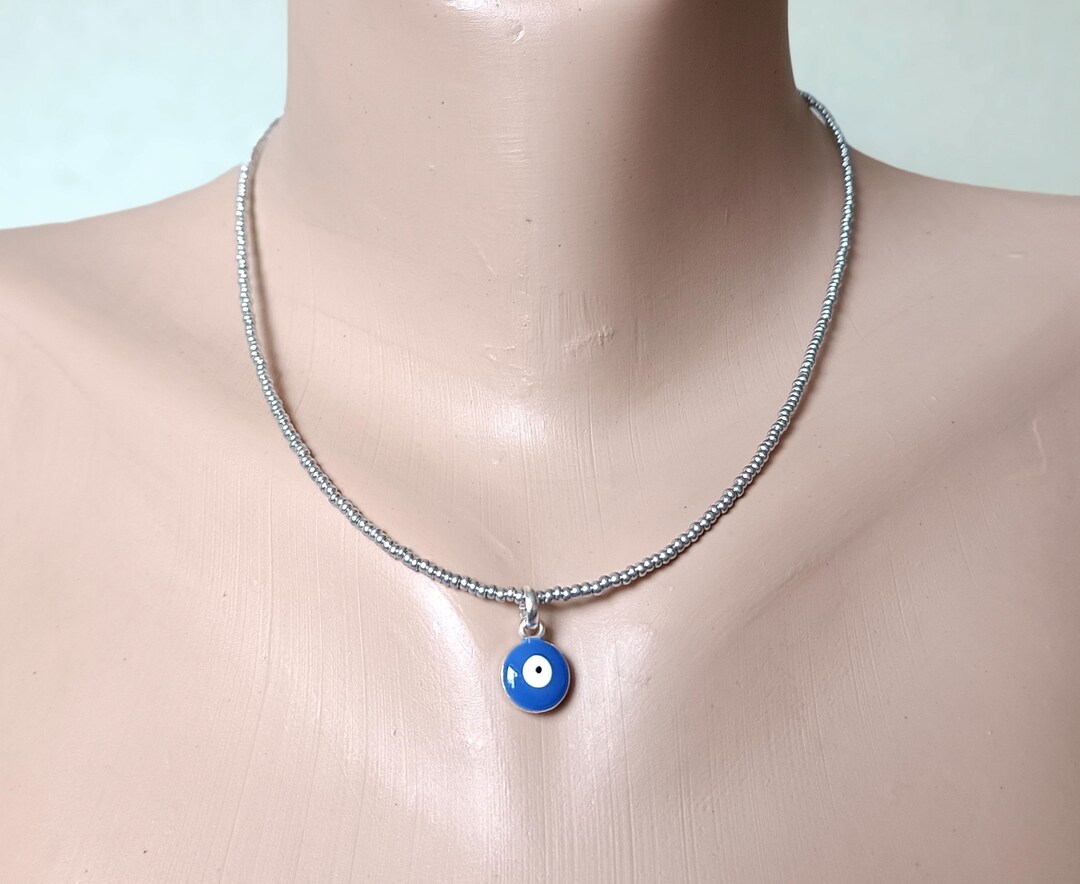 Evil Eye Pendant Silver Seed Bead Necklace, Thin Nazar Choker