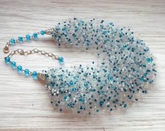 airy beaded necklace, multi strand crochet