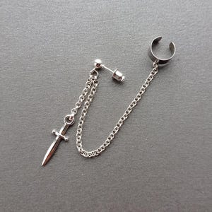 Ear cuff with dagger and chain, silver stud earring with cuff wrap, unisex jewelry, modern earring