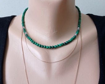 malachite beaded necklace, green malachite thin choker, dainty minimalist handmade jewelry, unisex necklace for women for men
