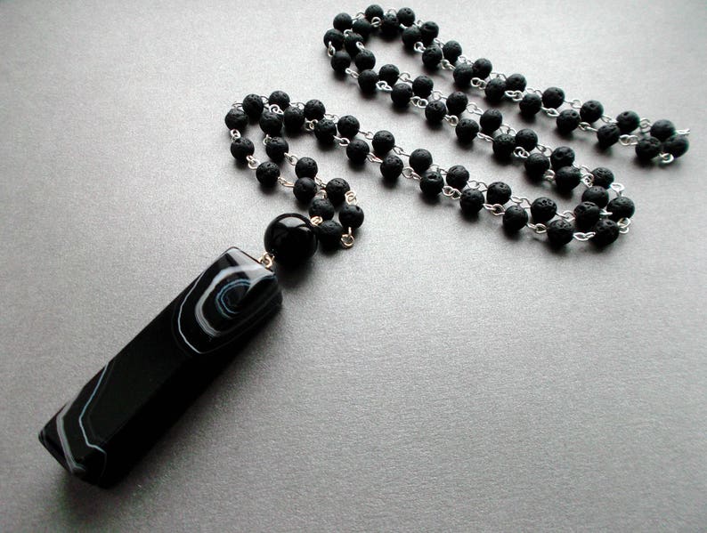 necklace from lava with a pendant agate man/'s pendant gift for Men For Father For guys Black Long stone necklace for men for women agate