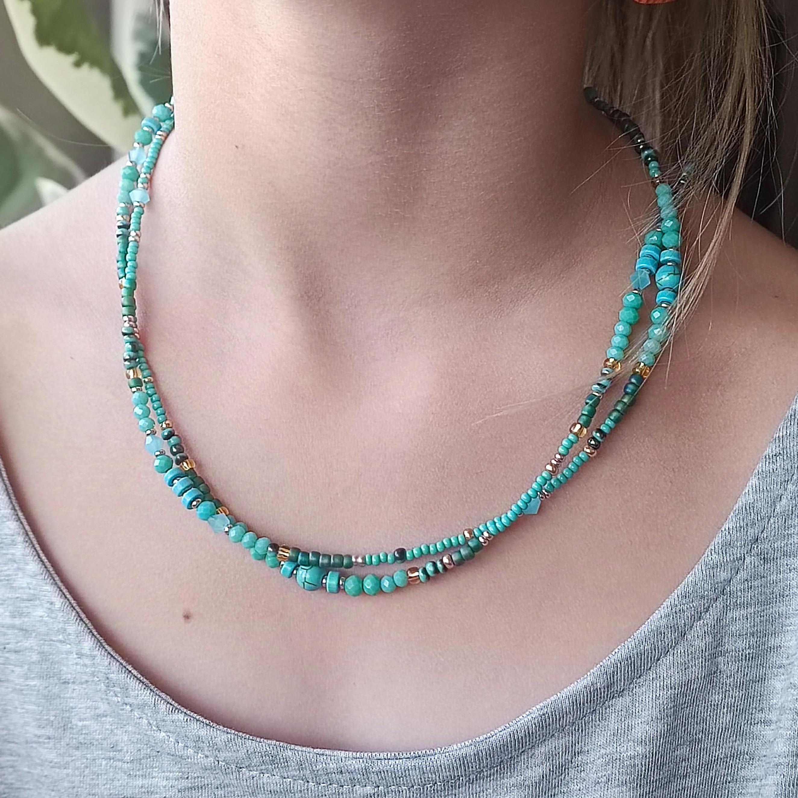 Turquoise beaded Boho necklace long, 2 strand - Etsy 日本