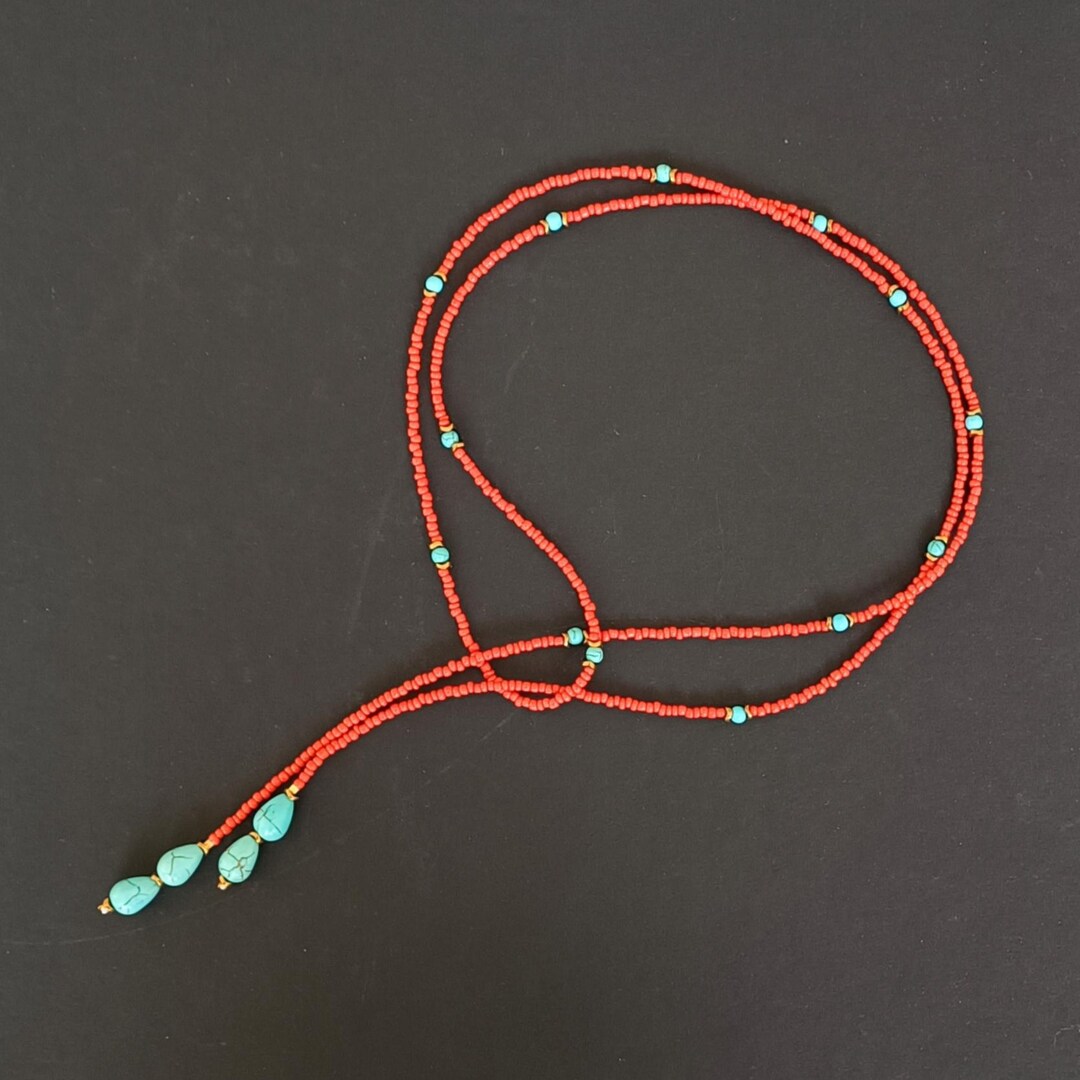 Coral Color Seed Bead Long Necklace With Turquoise - Etsy