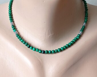 malachite beaded necklace, green malachite thin choker, dainty minimalist handmade jewelry, unisex necklace