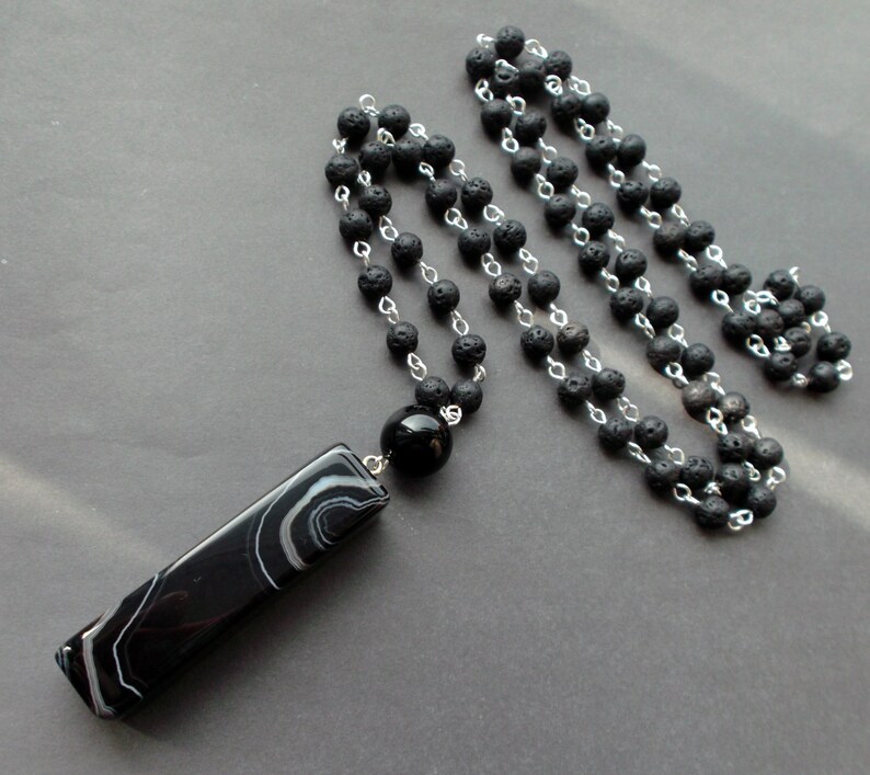 necklace from lava with a pendant agate man/'s pendant gift for Men For Father For guys Black Long stone necklace for men for women agate