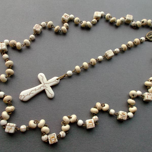 White Cross Necklace. Rosary Style. white necklace. necklace for men for women. Pendant Cross. white Howlite Turquoise. Necklace stones. 