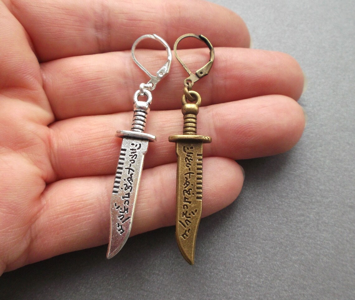 Dangle men earring hunting knife Japanese dagger men silver Etsy