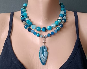 blue striped agate statement unique necklace with pendant arrow sheet, chunky handmade necklace one of a kind