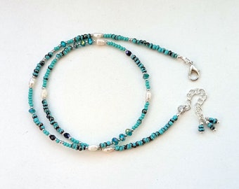 mixed beaded with pearl necklace in shades of turquoise